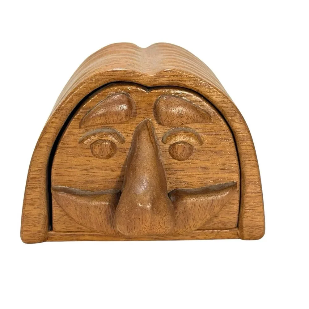 Vintage Hand Carved Face Pull Out Wood Box Trinket Jewelry Watch Unique